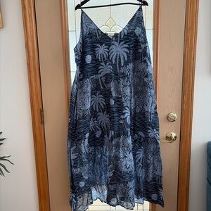 Tropical Print V-Neck Maxi Dress in Navy and Light Blue